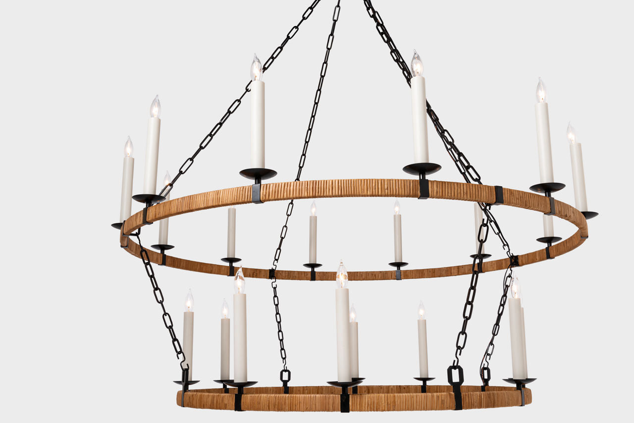Darlana Extra Large Two Tier Chandelier | Aged Iron and Natural Rattan