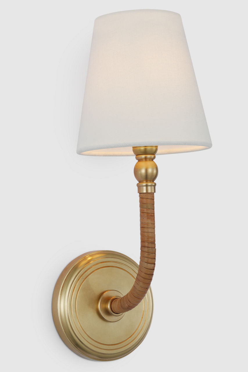 Basden Medium Sconce | Antique-Burnished Brass and Natural Rattan | Linen Shade