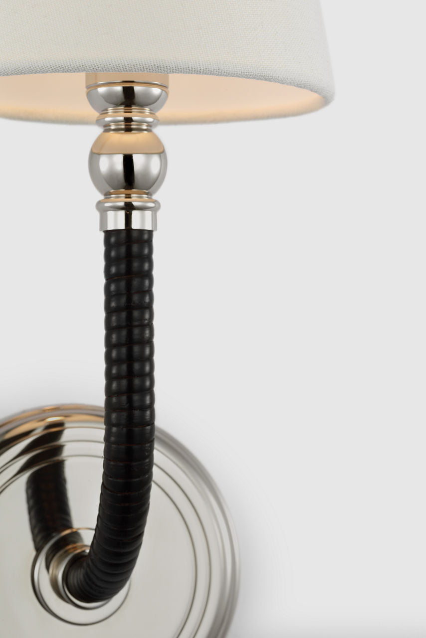 Basden Medium Sconce | Polished Nickel and Black Rattan | Linen Shade