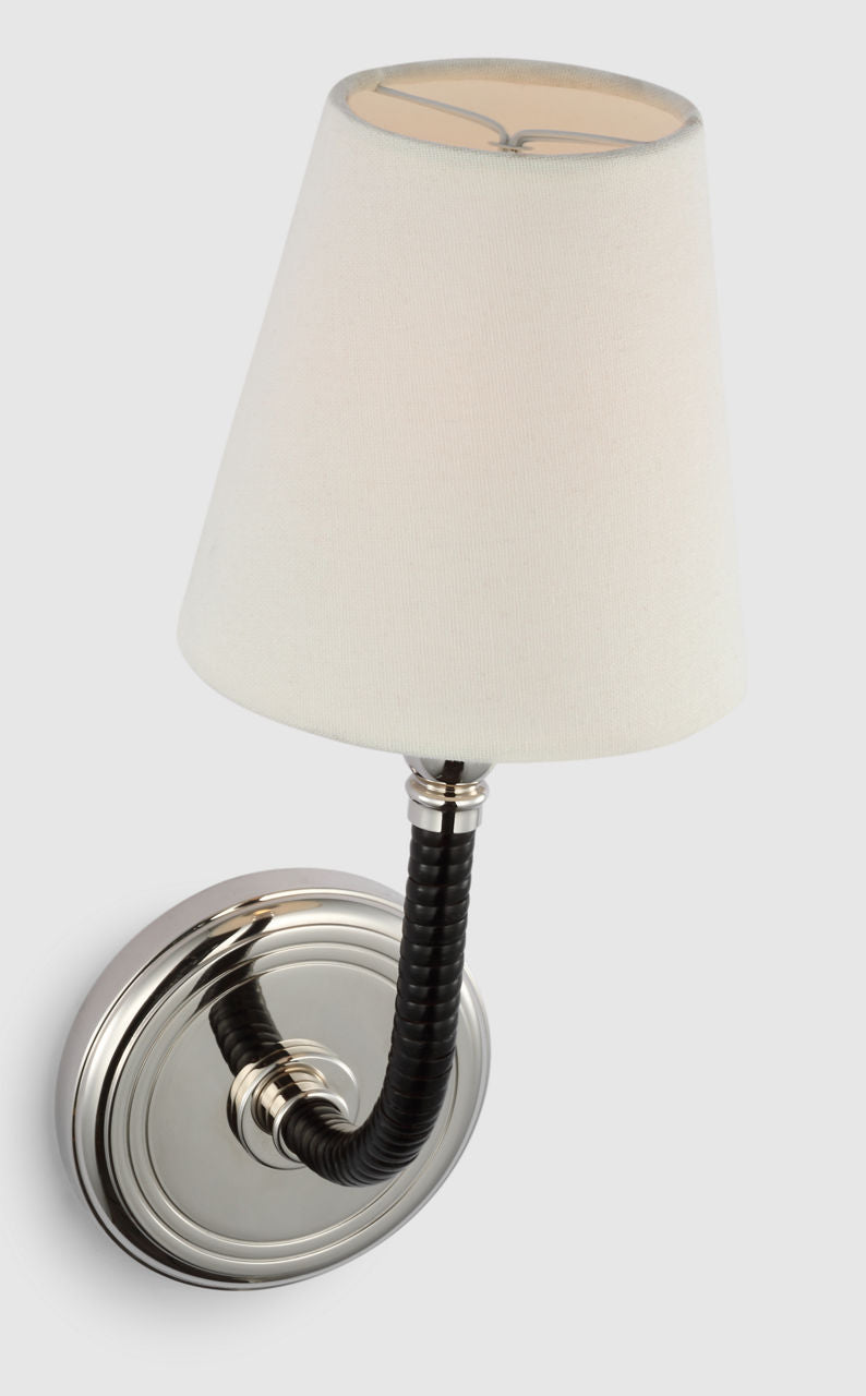 Basden Medium Sconce | Polished Nickel and Black Rattan | Linen Shade