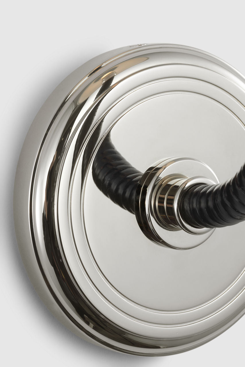 Basden Medium Sconce | Polished Nickel and Black Rattan | Linen Shade