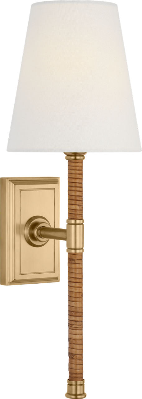 Basden 16" Tail Sconce | Antique-Burnished Brass and Natural Rattan | Linen Shade