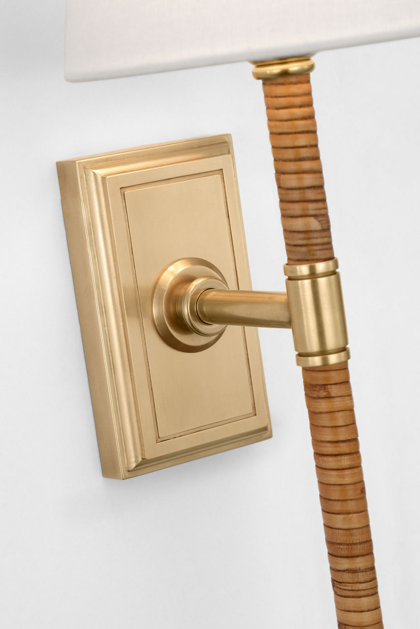 Basden 16" Tail Sconce | Antique-Burnished Brass and Natural Rattan | Linen Shade