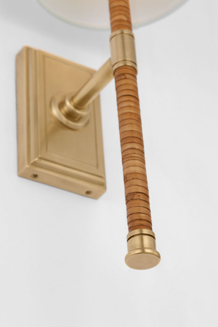 Basden 16" Tail Sconce | Antique-Burnished Brass and Natural Rattan | Linen Shade