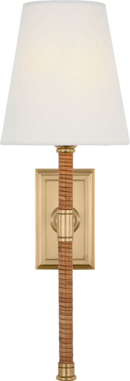 Basden 16" Tail Sconce | Antique-Burnished Brass and Natural Rattan | Linen Shade
