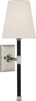 Basden 16" Tail Sconce | Polished Nickel and Black Rattan | Linen Shade