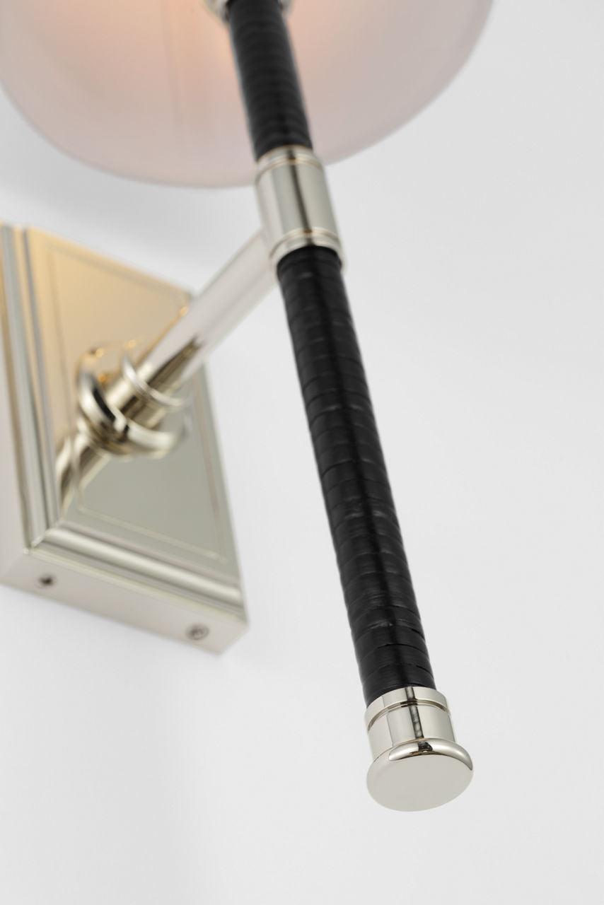 Basden 16" Tail Sconce | Polished Nickel and Black Rattan | Linen Shade