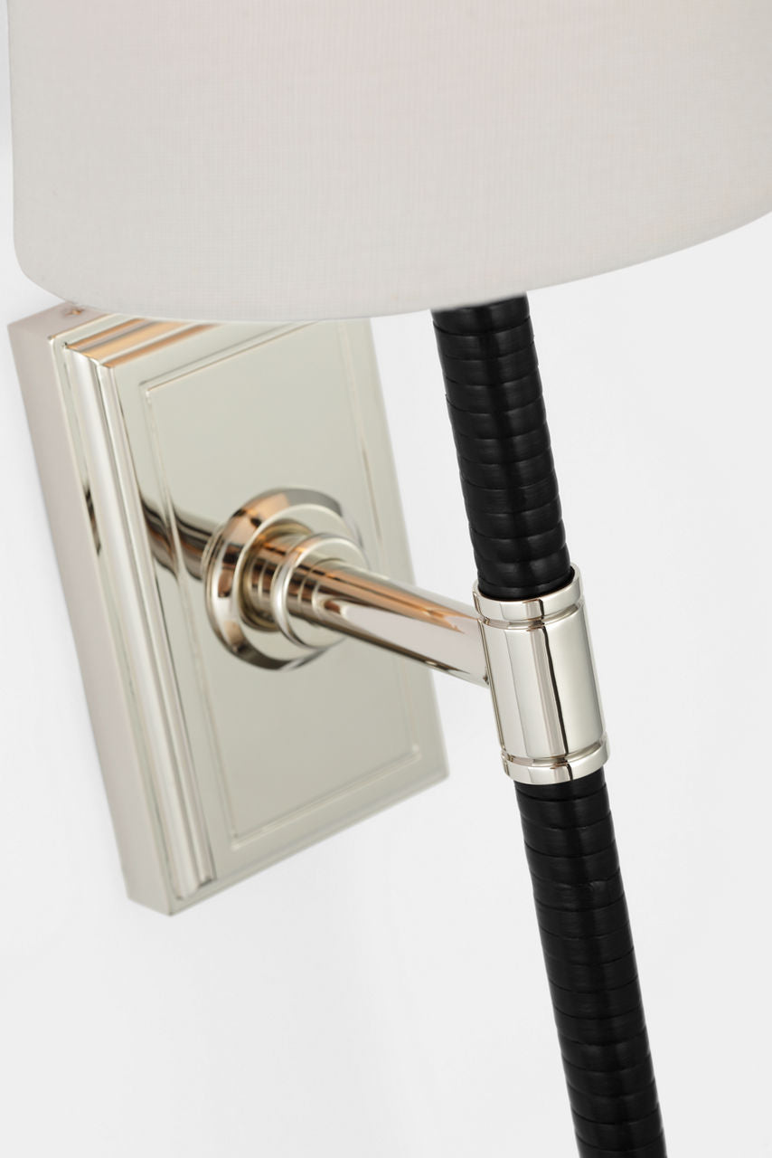 Basden 16" Tail Sconce | Polished Nickel and Black Rattan | Linen Shade