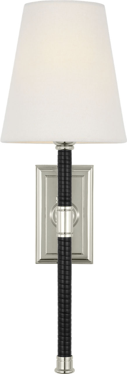 Basden 16" Tail Sconce | Polished Nickel and Black Rattan | Linen Shade