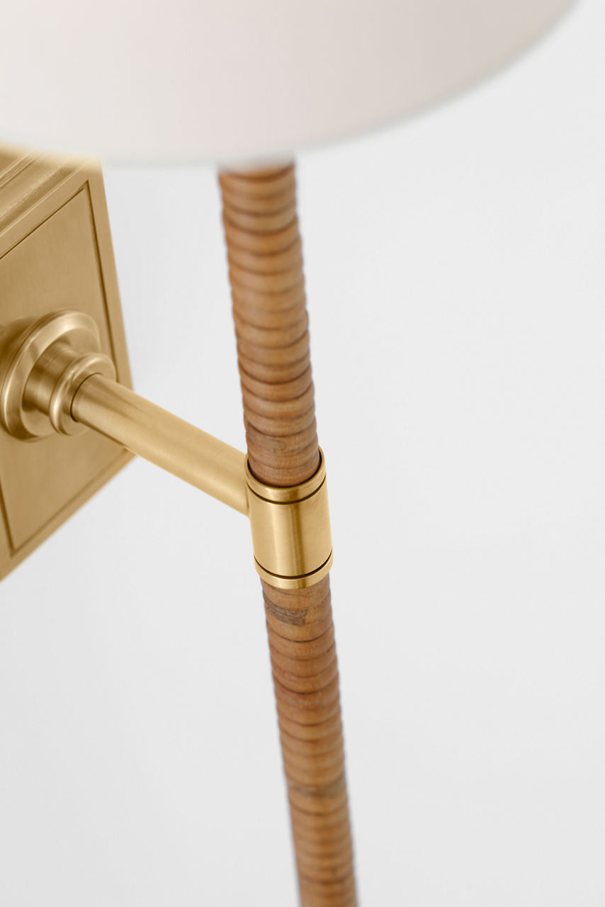 Basden 29" Tail Sconce | Antique-Burnished Brass and Natural Rattan | Linen Shade