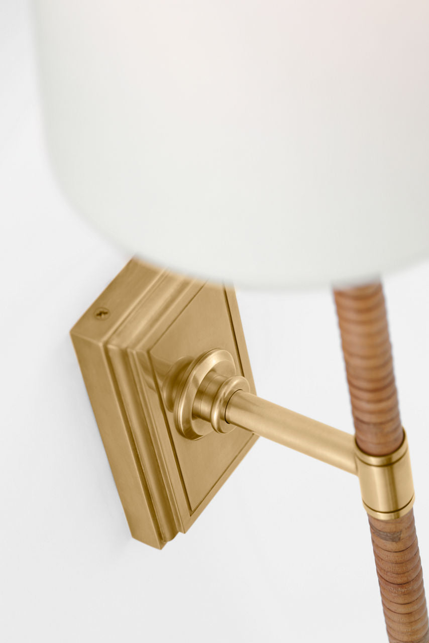Basden 29" Tail Sconce | Antique-Burnished Brass and Natural Rattan | Linen Shade