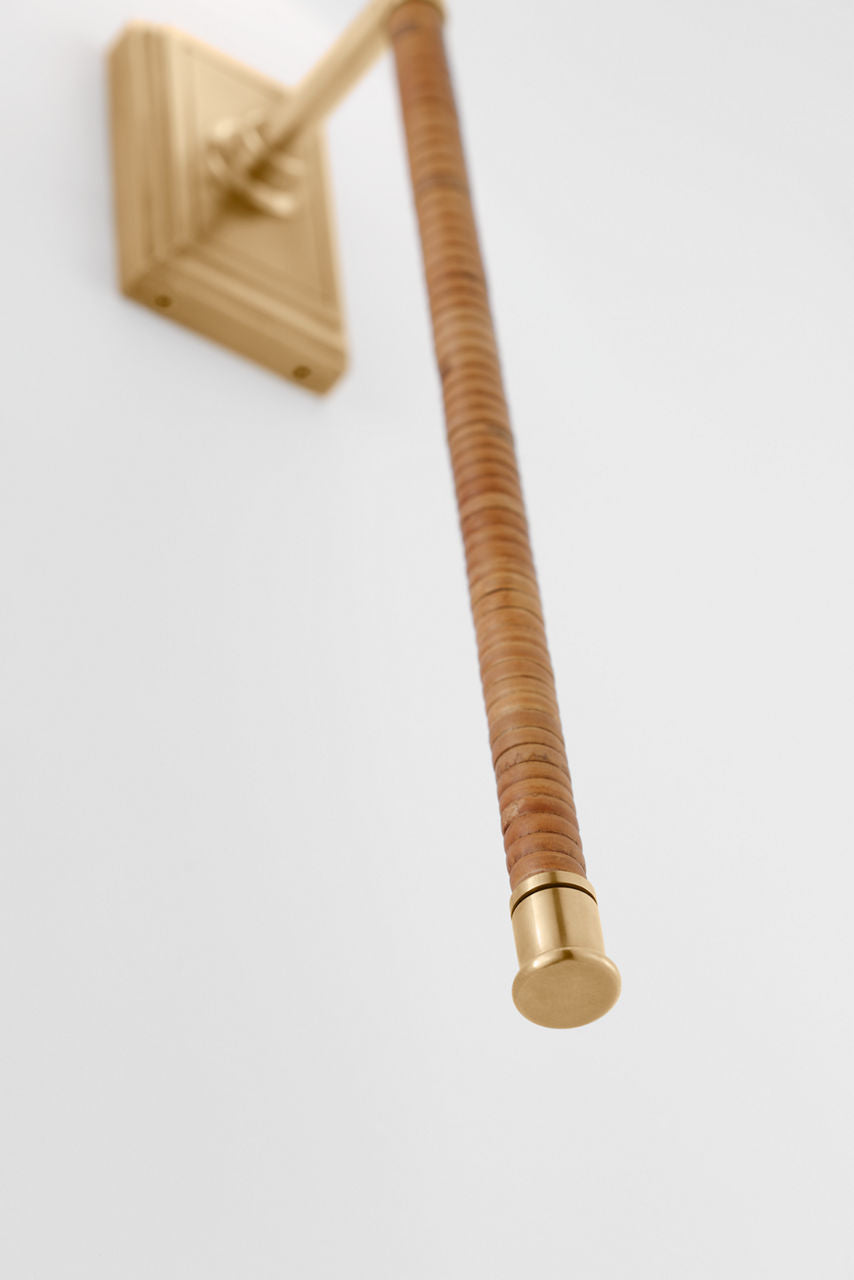 Basden 29" Tail Sconce | Antique-Burnished Brass and Natural Rattan | Linen Shade