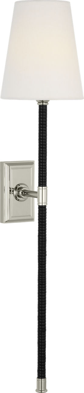 Basden 29" Tail Sconce | Polished Nickel and Black Rattan | Linen Shade