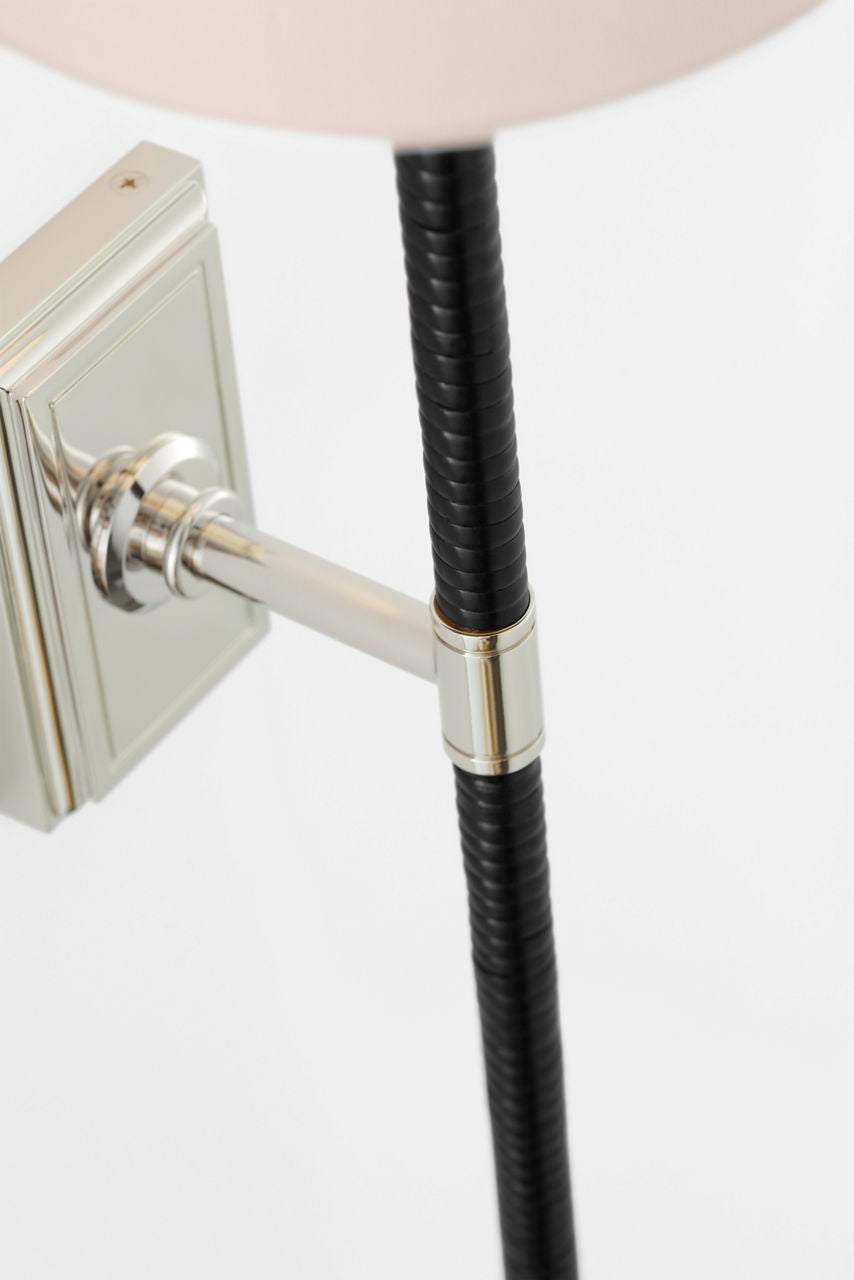 Basden 29" Tail Sconce | Polished Nickel and Black Rattan | Linen Shade