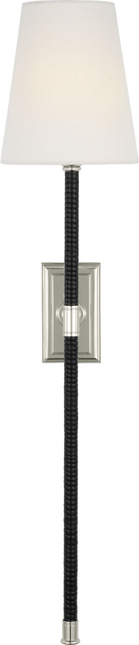 Basden 29" Tail Sconce | Polished Nickel and Black Rattan | Linen Shade