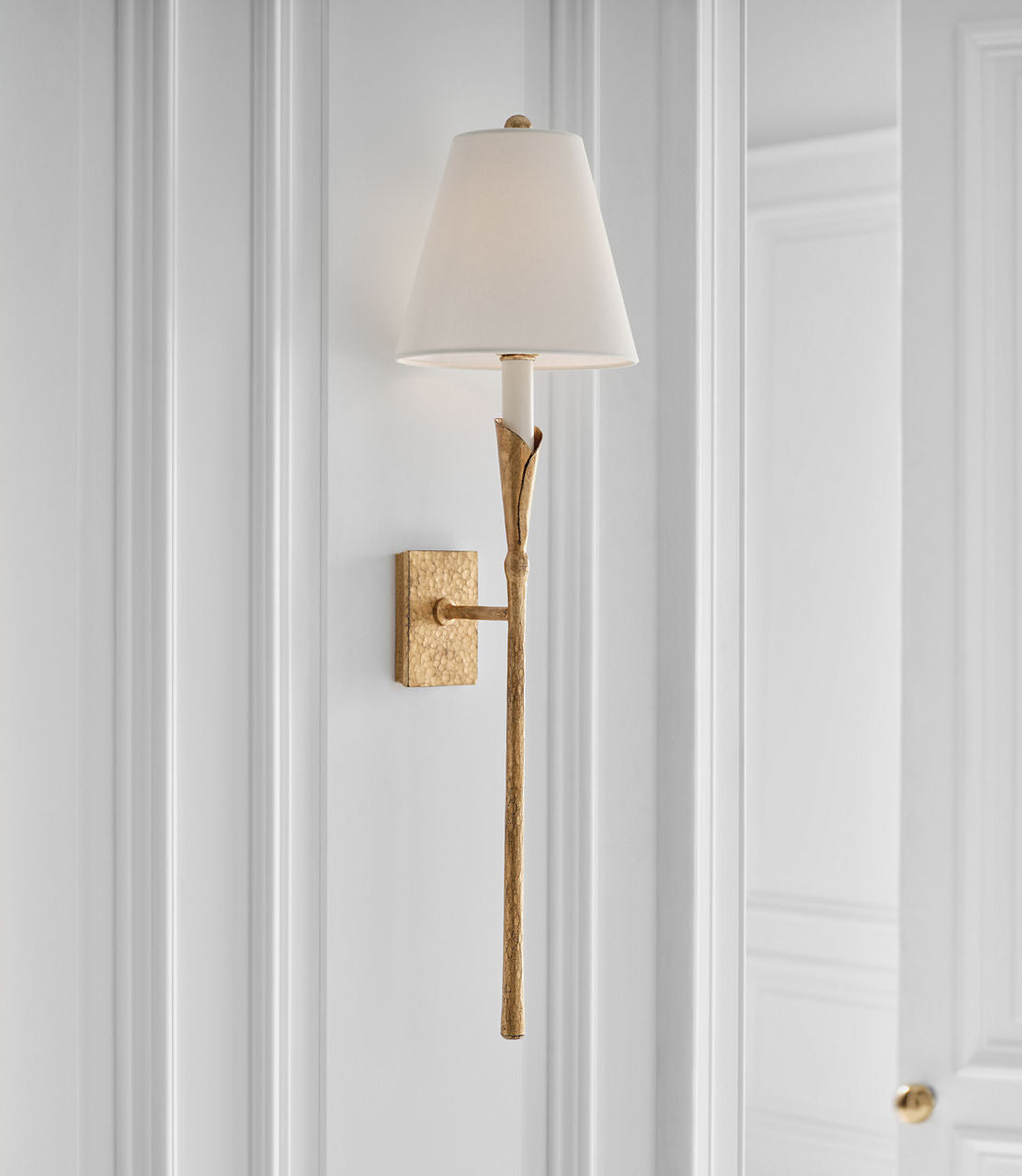 Aiden Large Tail Sconce | Gilded Iron | Linen Shade