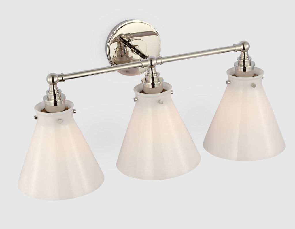 Parkington 24" Three Light Bath Bar | Polished Nickel | White Glass