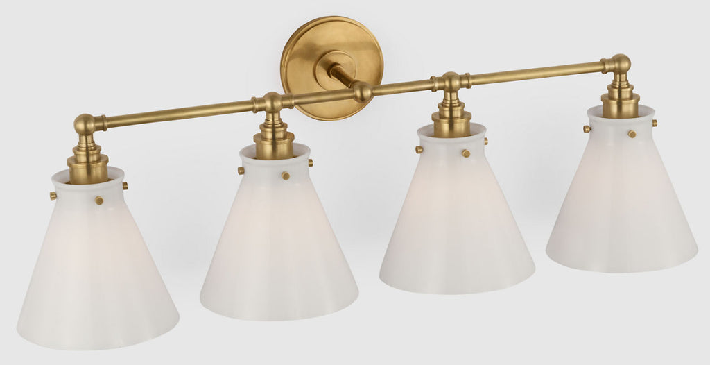 Parkington 32" Four Light Bath Bar | Antique-Burnished Brass | White Glass
