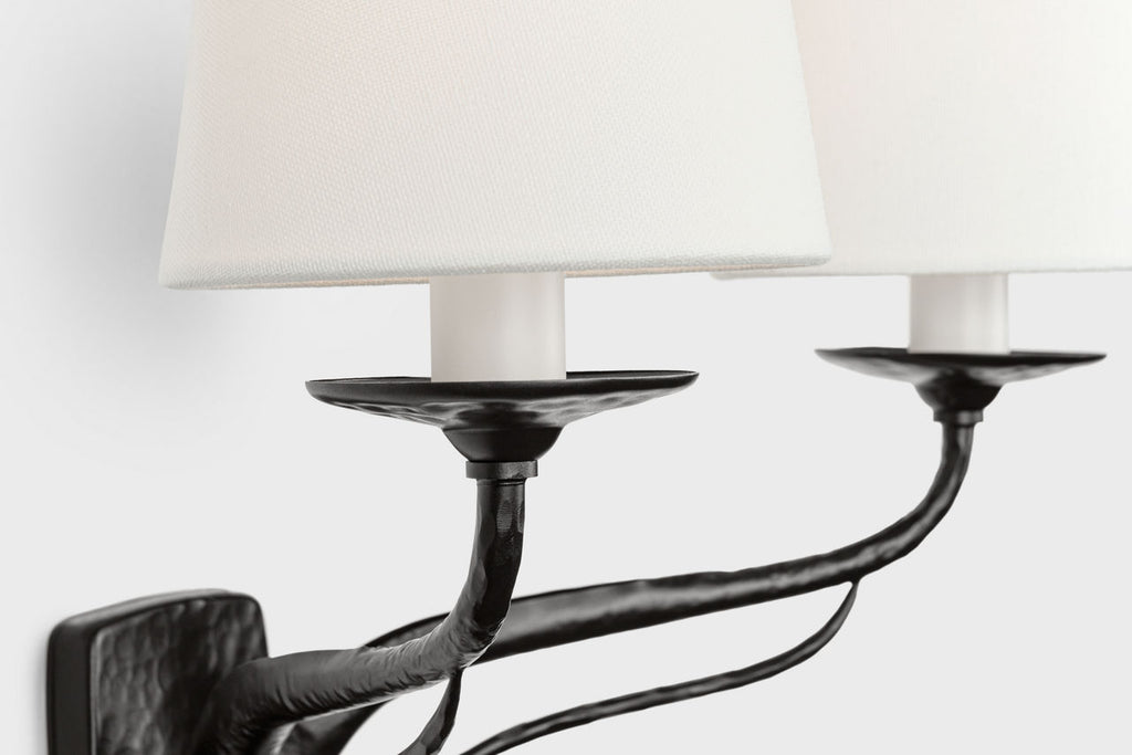 Amalfi 15" Double Sconce | Waxed Black | Linen Shades
