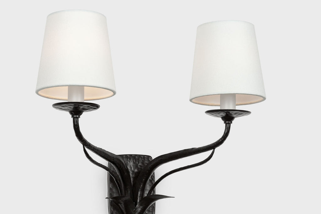 Amalfi 15" Double Sconce | Waxed Black | Linen Shades