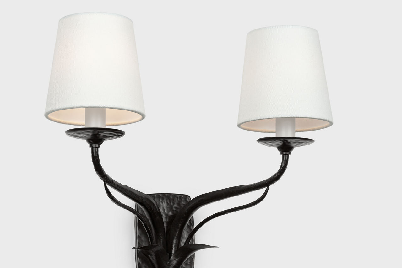 Amalfi 15" Double Sconce | Waxed Black | Linen Shades