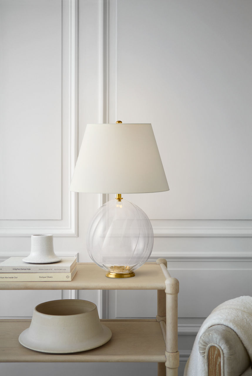 Talia Medium Cordless Table Lamp | Clear Glass | Linen Shade