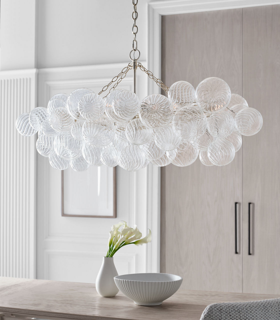 Talia Medium Linear Chandelier | Burnished Silver Leaf | Clear Swirled Glass