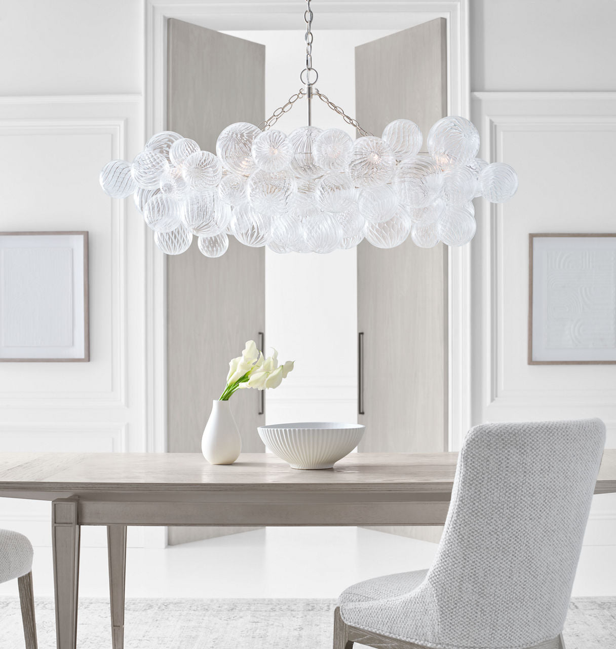 Talia Medium Linear Chandelier | Burnished Silver Leaf | Clear Swirled Glass