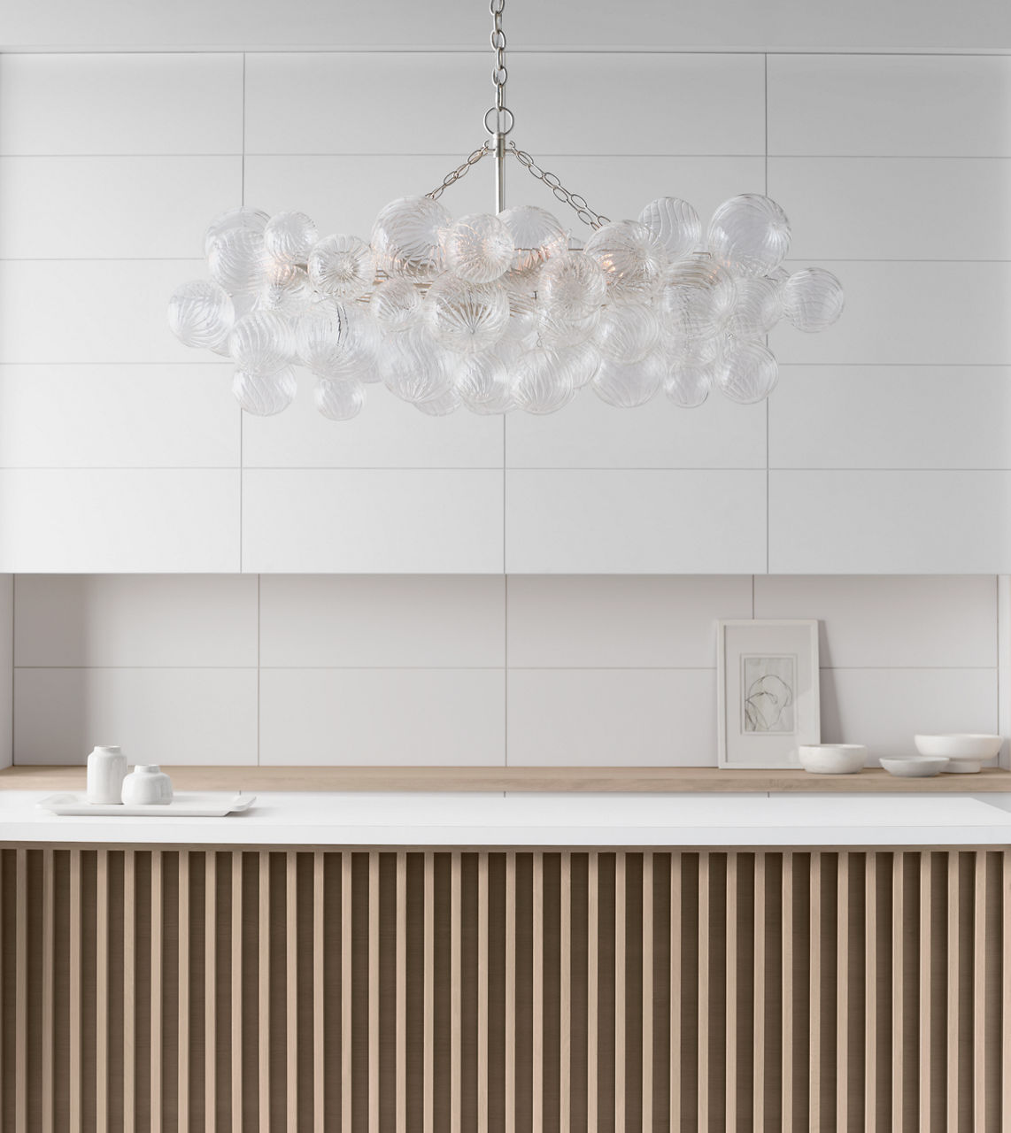 Talia Medium Linear Chandelier | Burnished Silver Leaf | Clear Swirled Glass