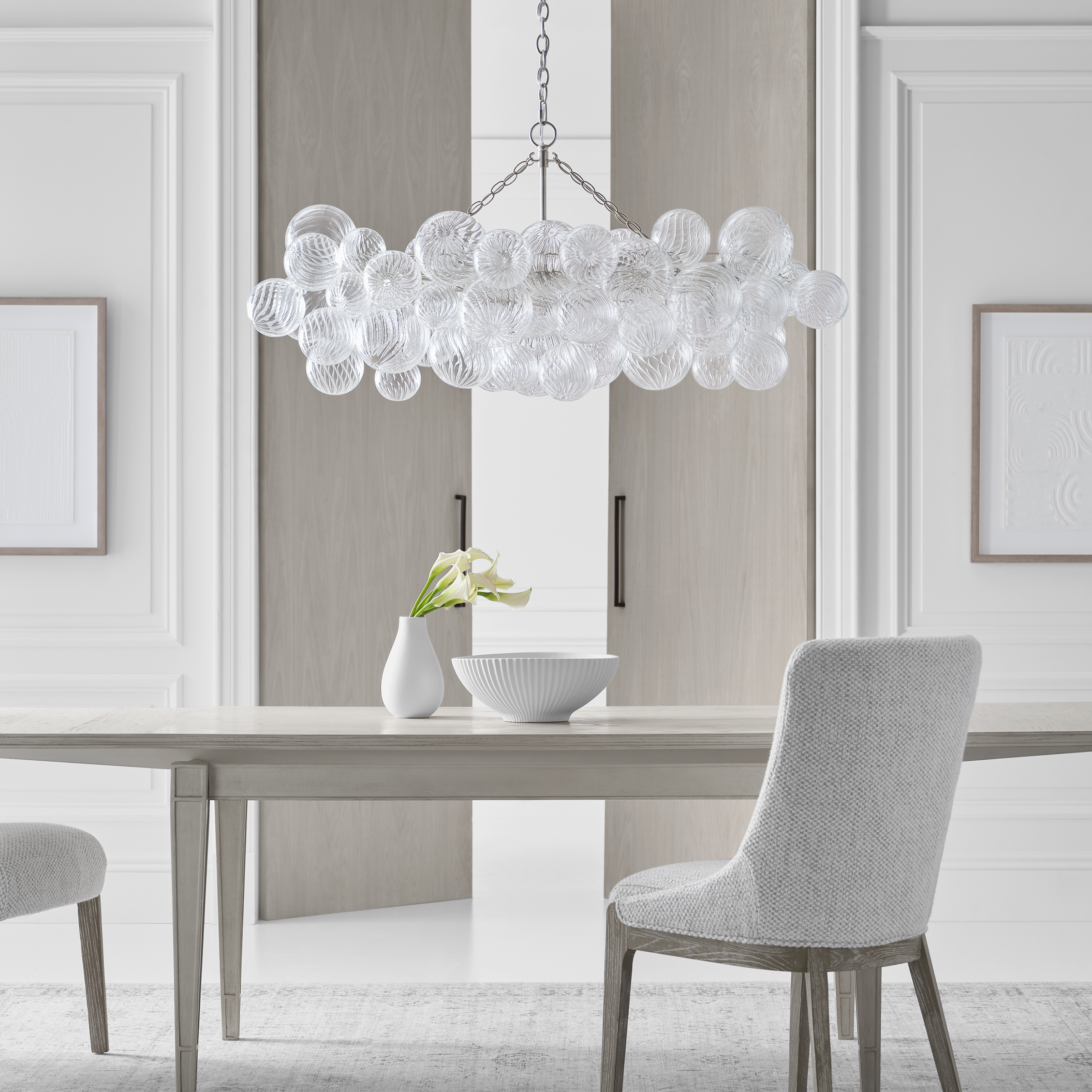 Talia Medium Linear Chandelier | Burnished Silver Leaf | Clear Swirled Glass