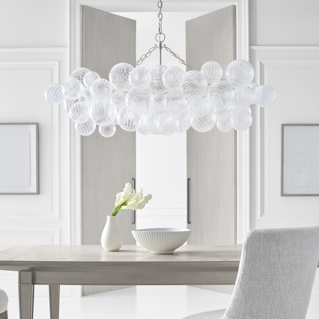 Talia Medium Linear Chandelier | Burnished Silver Leaf | Clear Swirled Glass