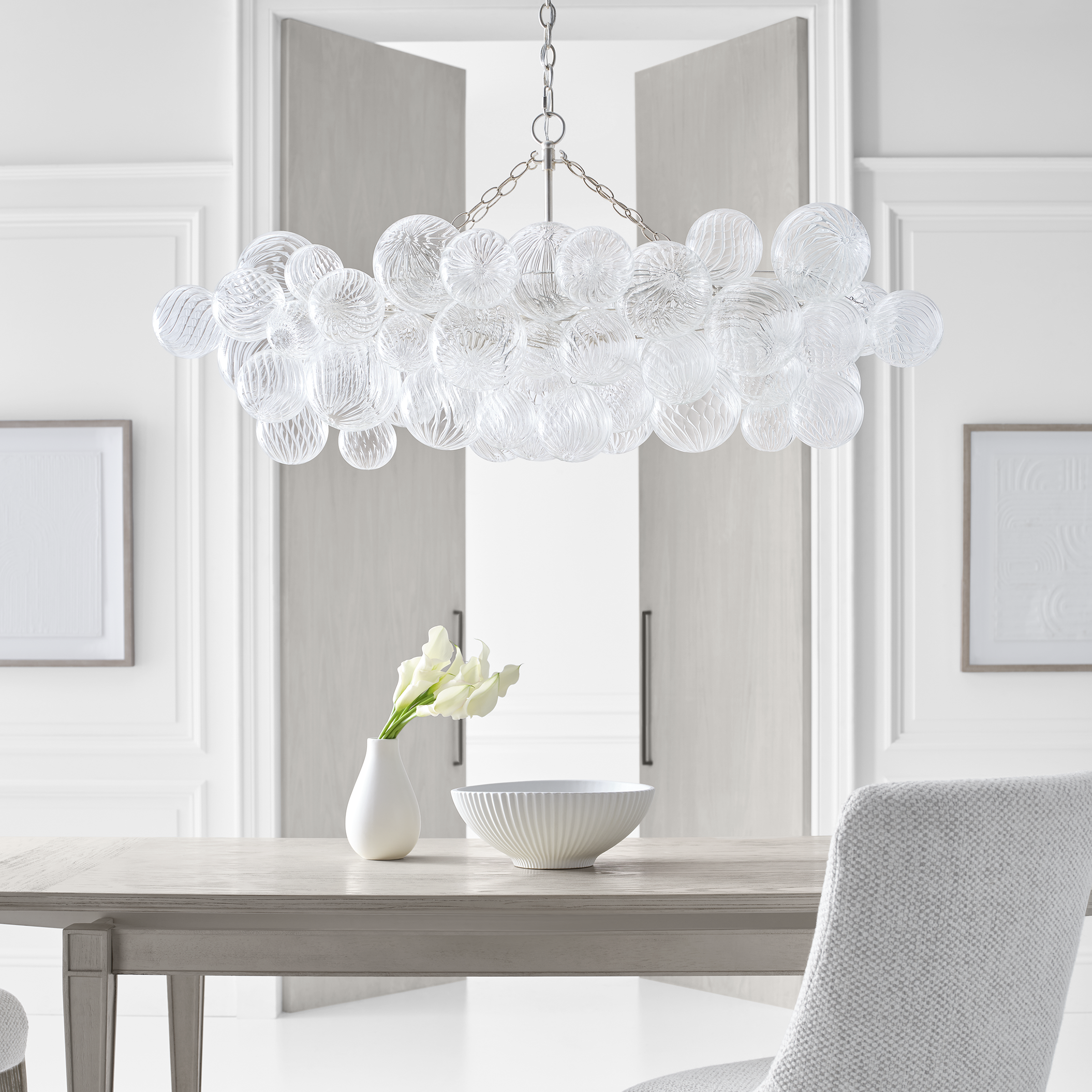 Talia Medium Linear Chandelier | Burnished Silver Leaf | Clear Swirled Glass