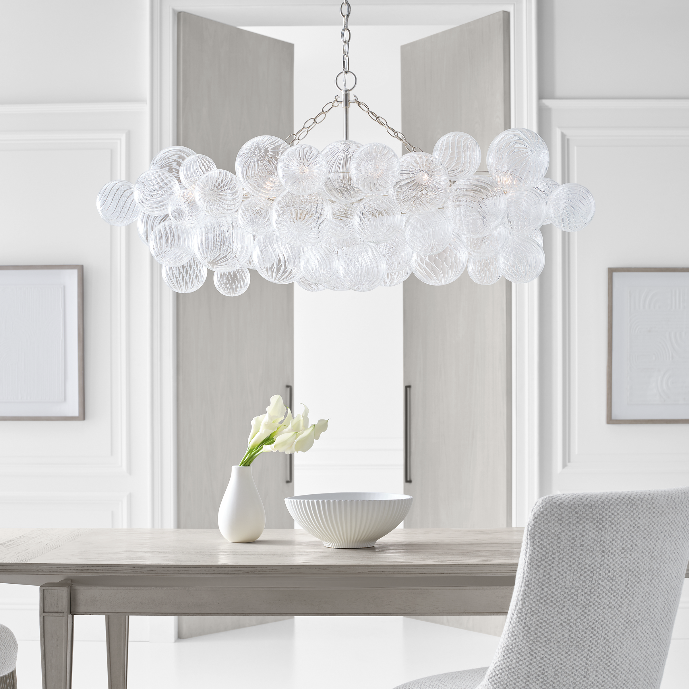 Talia Medium Linear Chandelier | Burnished Silver Leaf | Clear Swirled Glass