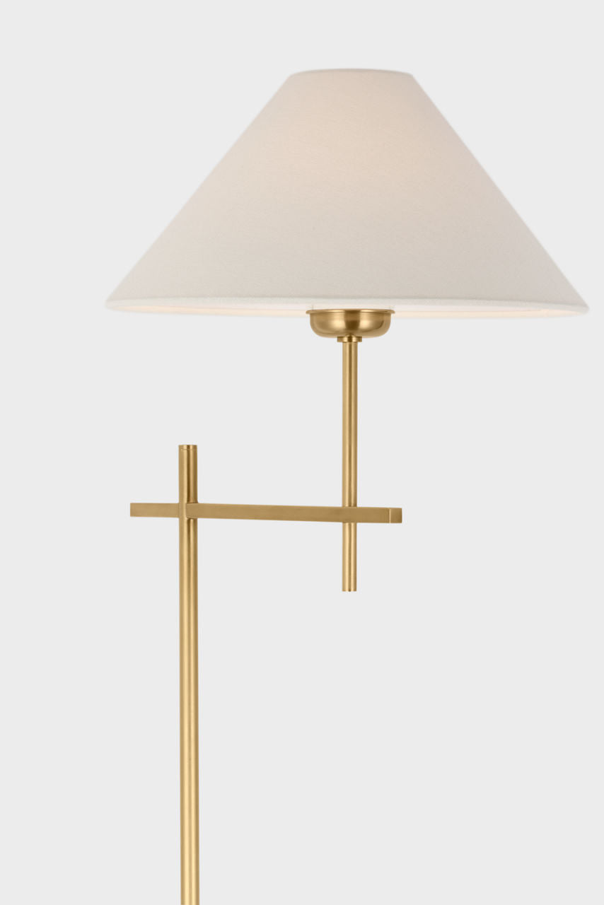 Hackney Cordless Bridge Arm Floor Lamp | Hand-Rubbed Antique Brass | Linen Shade