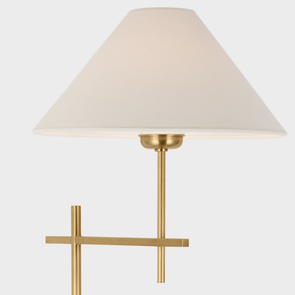 Hackney Cordless Bridge Arm Floor Lamp | Hand-Rubbed Antique Brass | Linen Shade