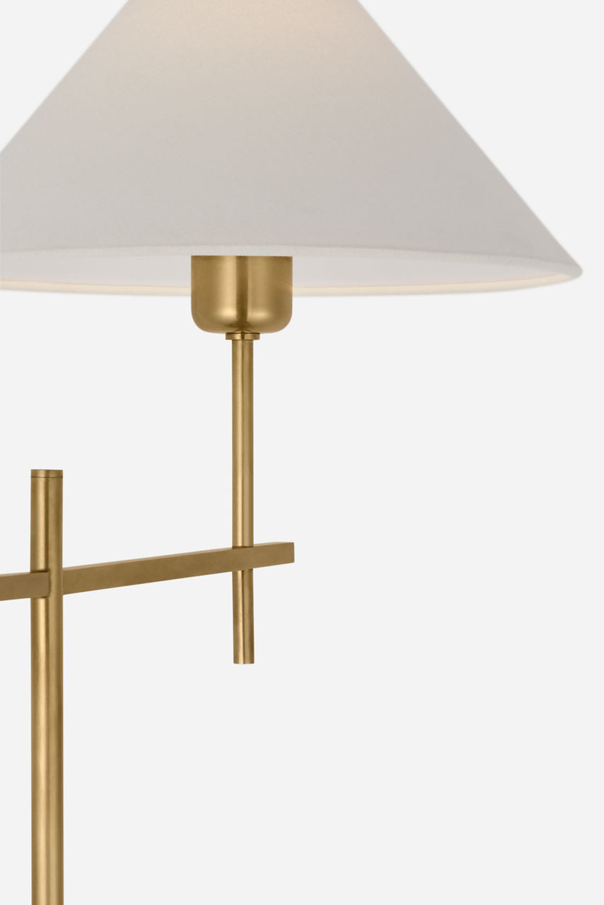 Hackney Cordless Bridge Arm Floor Lamp | Hand-Rubbed Antique Brass | Linen Shade