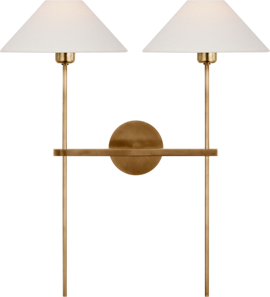 Hackney 25" Double Tail Sconce | Hand-Rubbed Antique Brass | Linen Shades