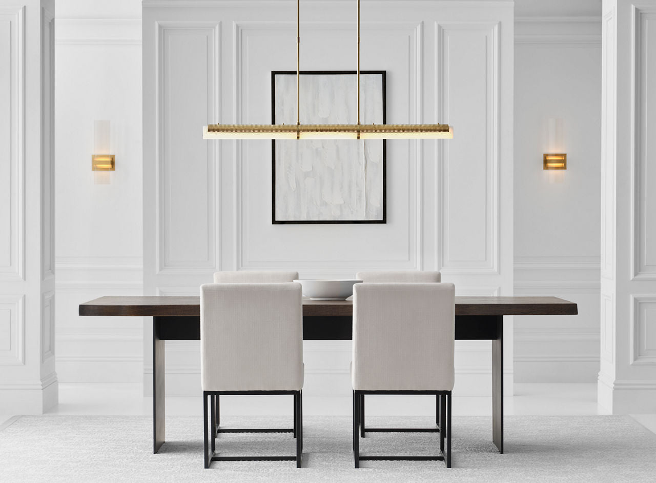 Precision Large Linear Chandelier | Antique-Burnished Brass | White Glass