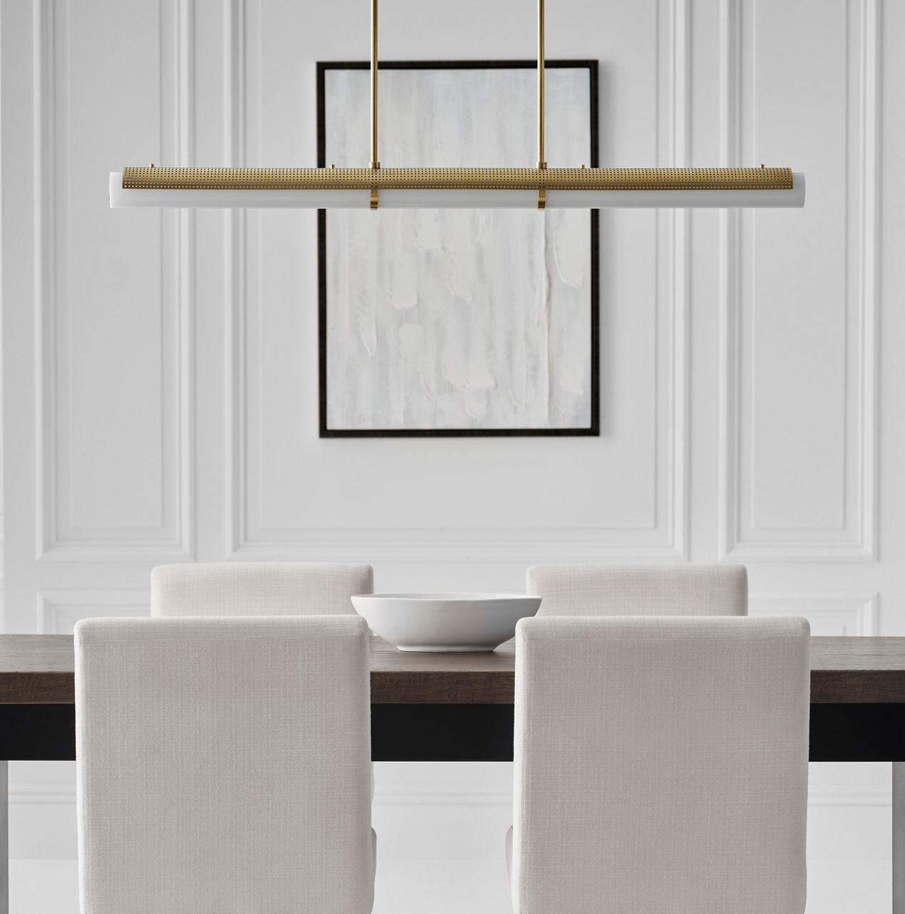 Precision Large Linear Chandelier | Antique-Burnished Brass | White Glass