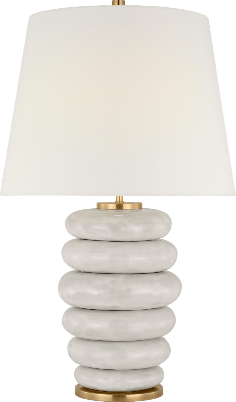 Phoebe Cordless Stacked Table Lamp | Antiqued White Ceramic | Linen Shade