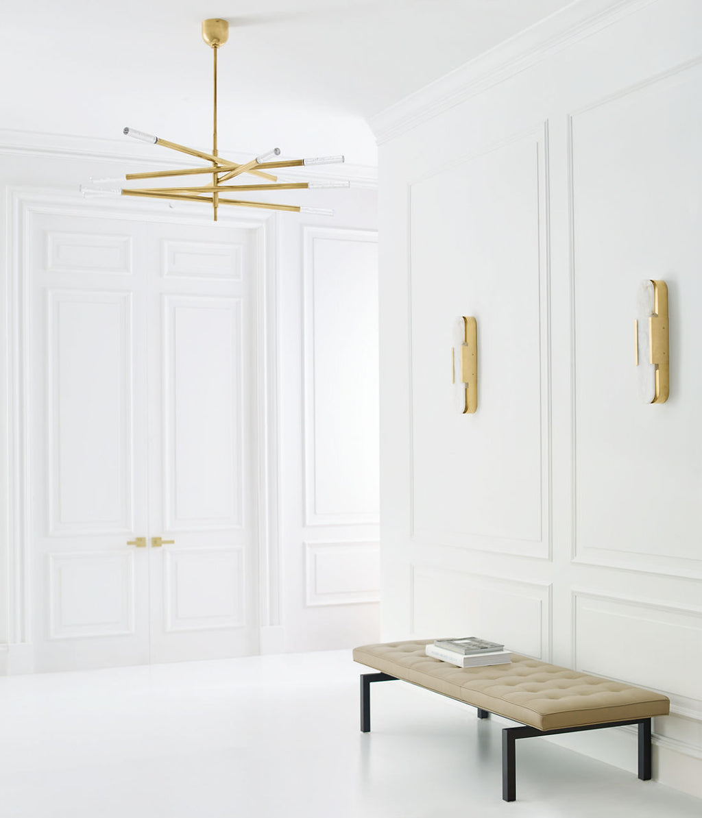 Rousseau Grande Ten Light Articulating Chandelier | Antique-Burnished Brass | Seeded Glass
