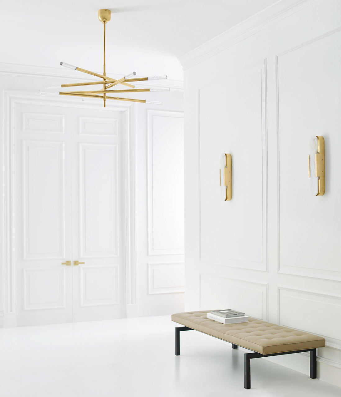 Rousseau Grande Ten Light Articulating Chandelier | Antique-Burnished Brass | Seeded Glass