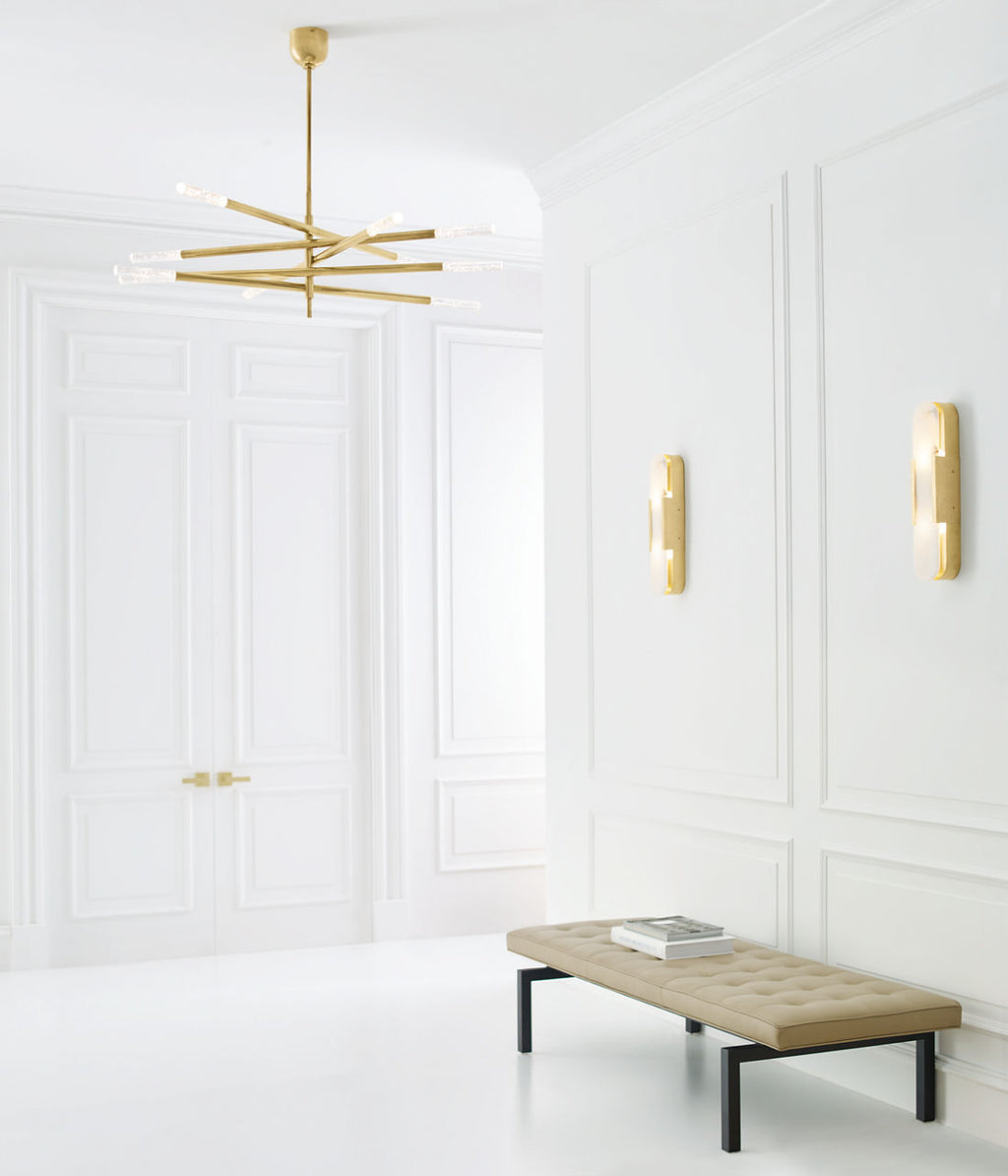 Rousseau Grande Ten Light Articulating Chandelier | Antique-Burnished Brass | Seeded Glass