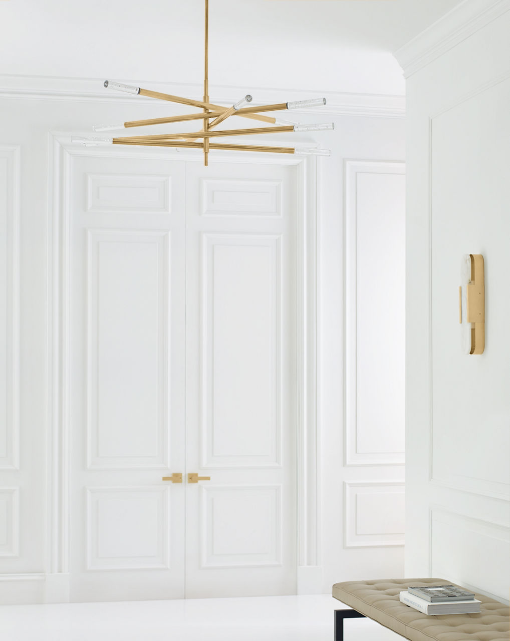 Rousseau Grande Ten Light Articulating Chandelier | Antique-Burnished Brass | Seeded Glass