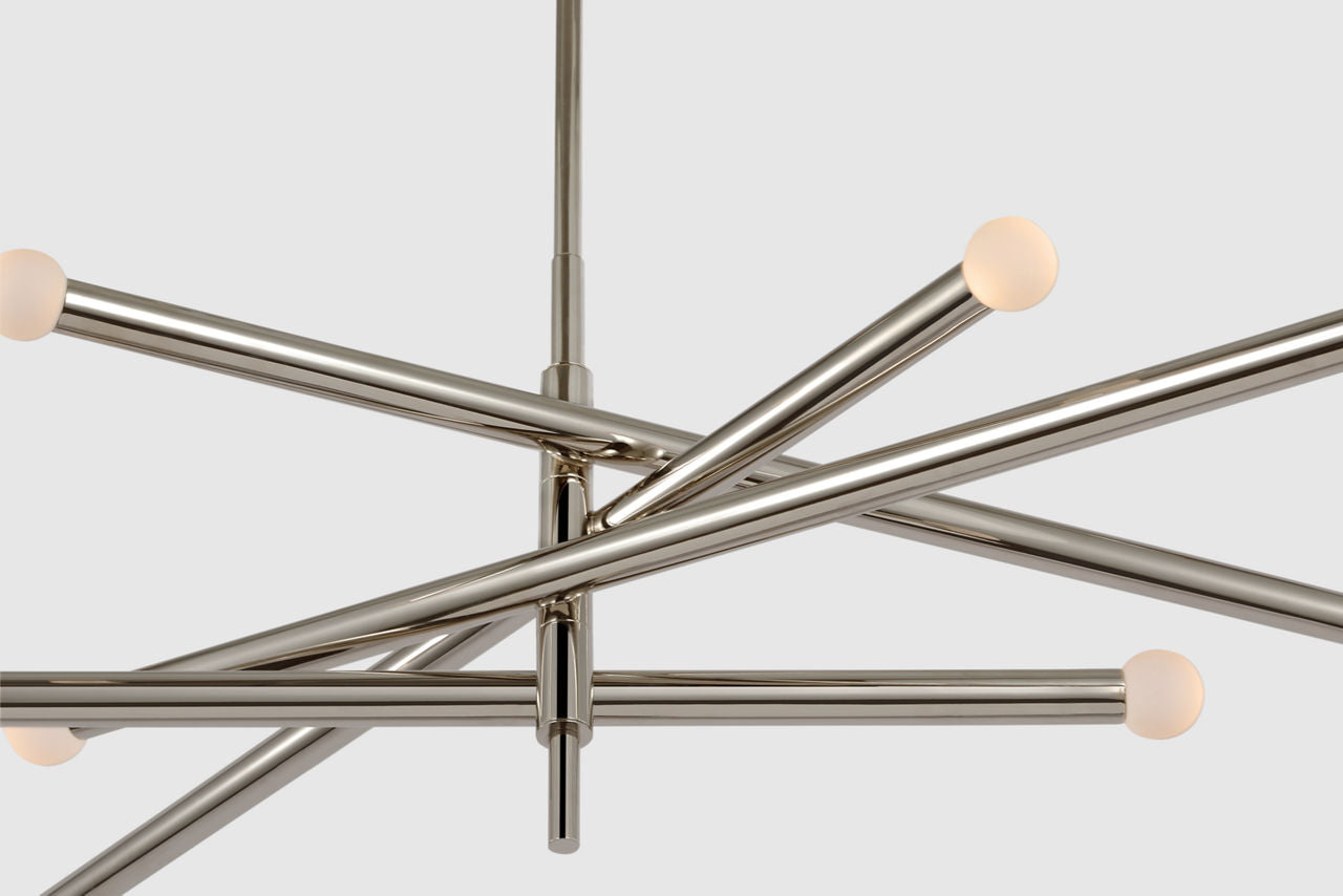 Rousseau Grande Eight Light Articulating Chandelier | Polished Nickel | Etched Crystal Orb