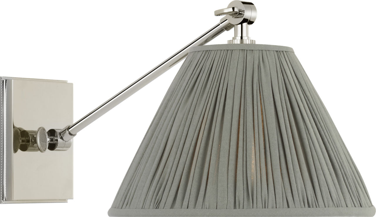 Wimberley Single Library Wall Light | Polished Nickel | Blue Linen Pleated Shade