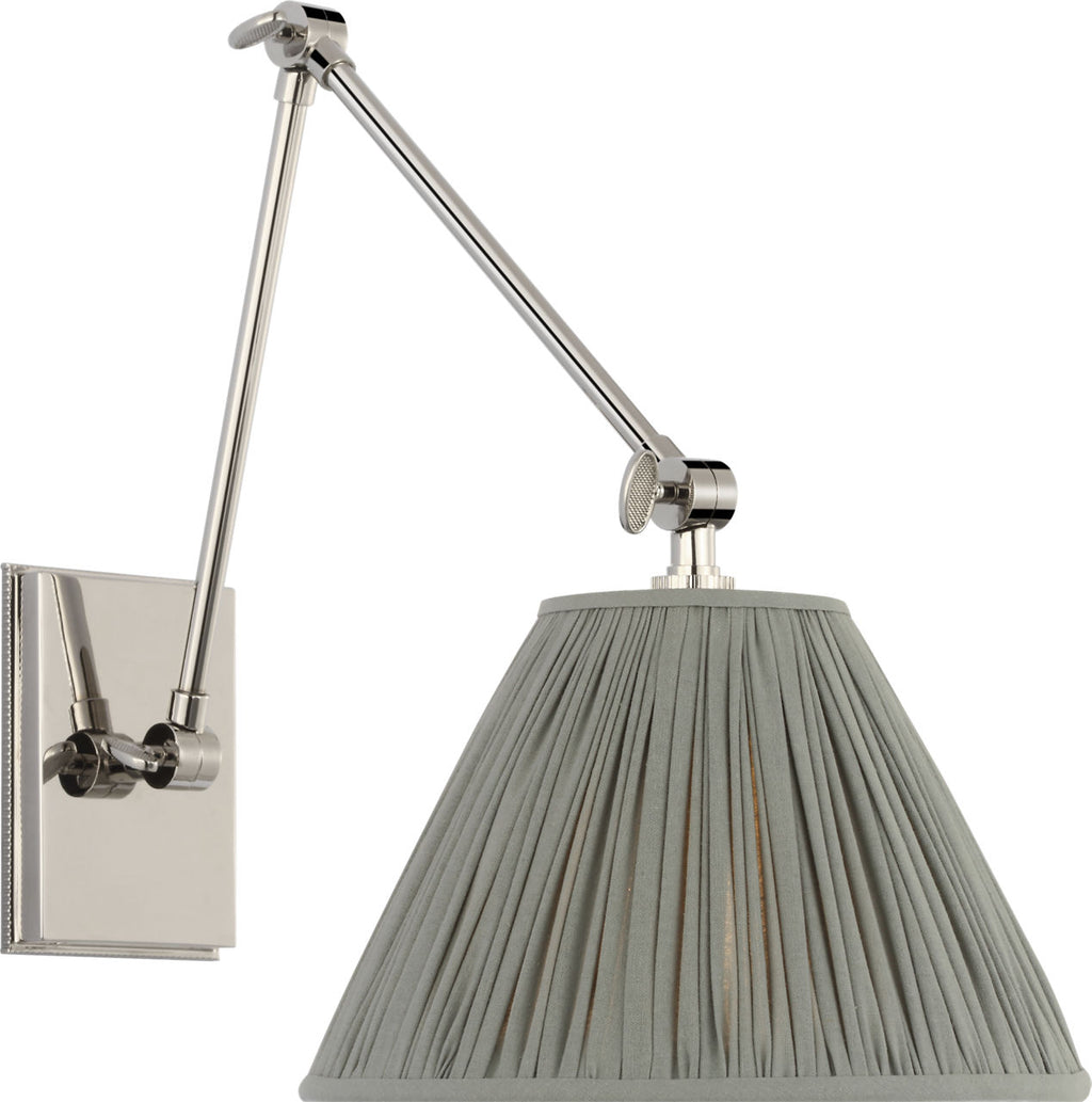 Wimberley Double Library Wall Light | Polished Nickel | Blue Linen Pleated Shade