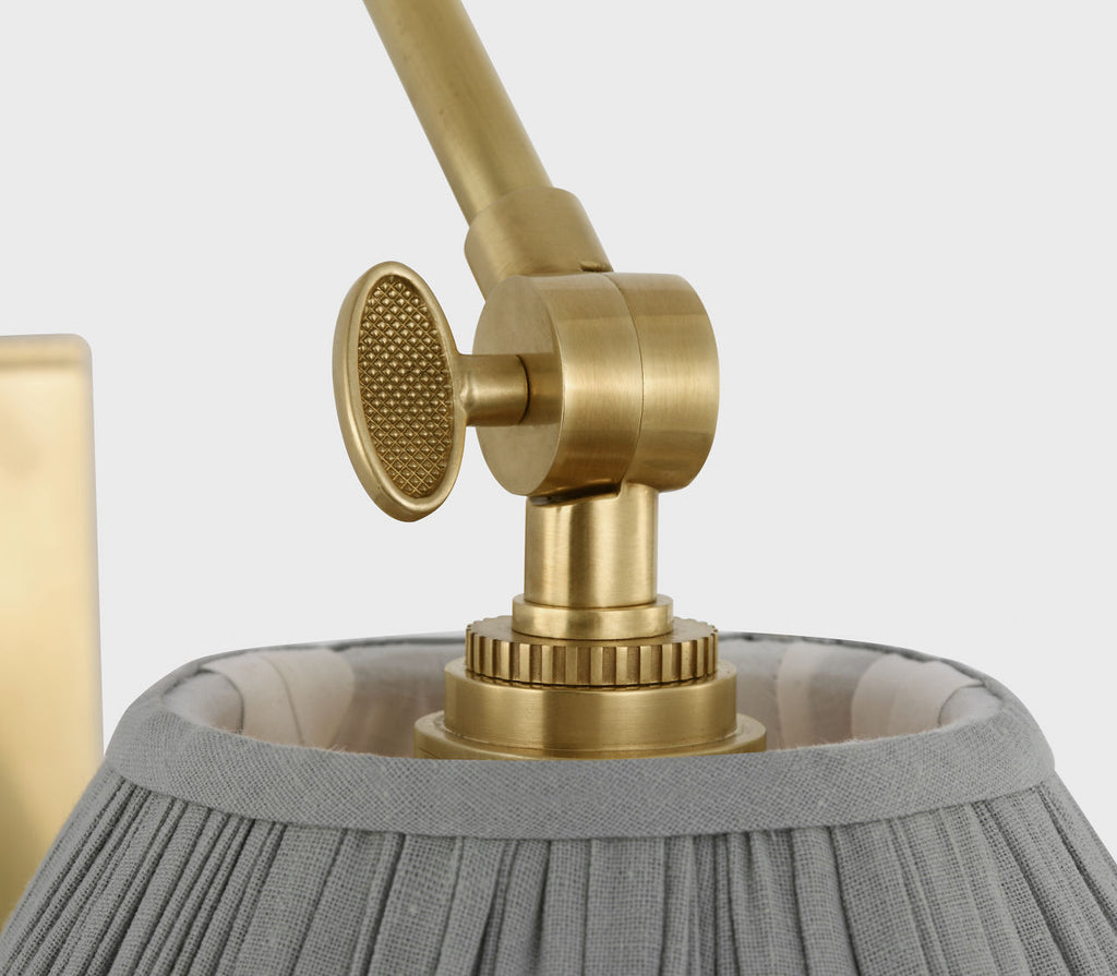 Wimberley Double Library Wall Light | Soft Brass | Blue Linen Pleated Shade