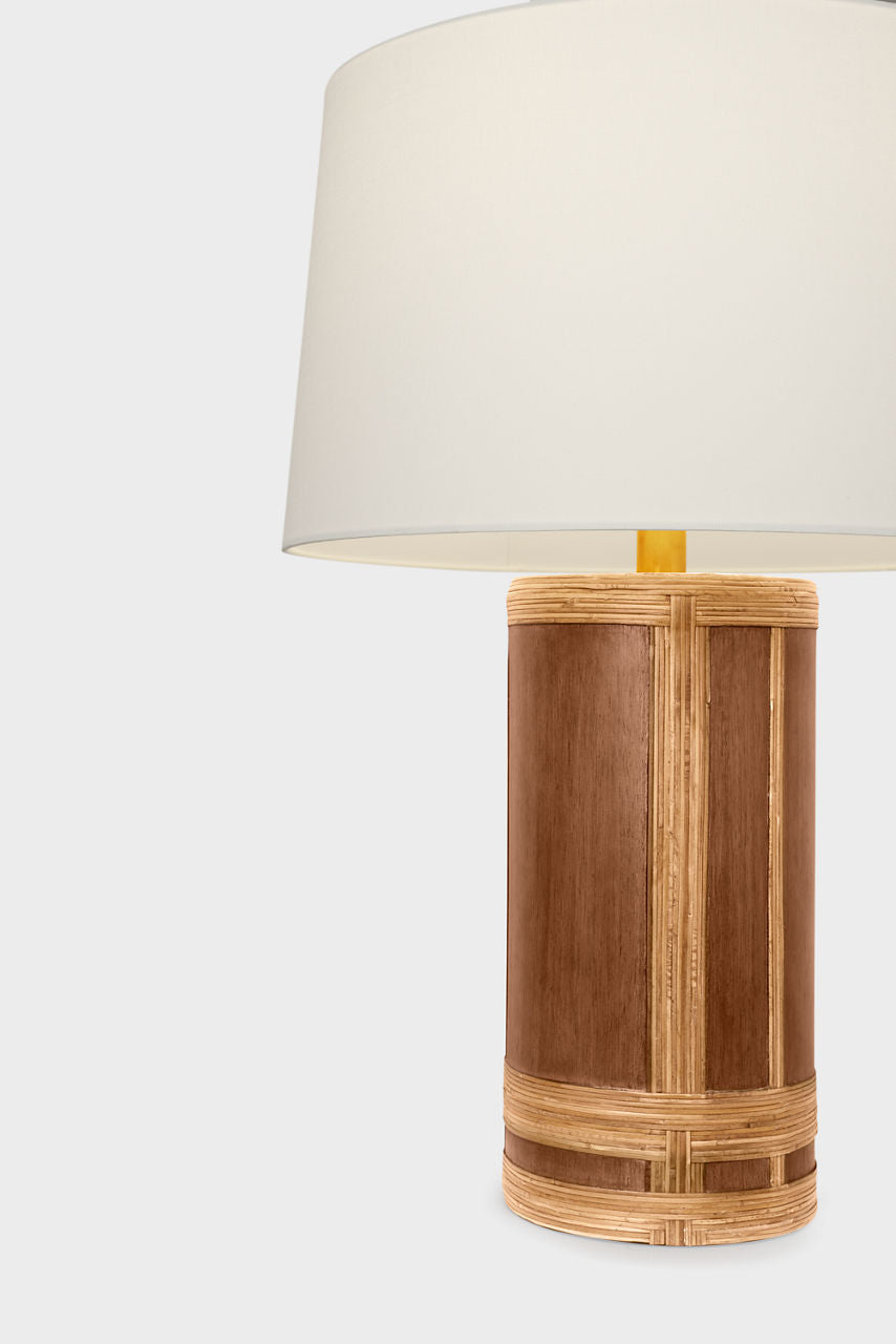 Lignum Medium Table Lamp | Dark Oak and Dark Rattan | Linen Shade