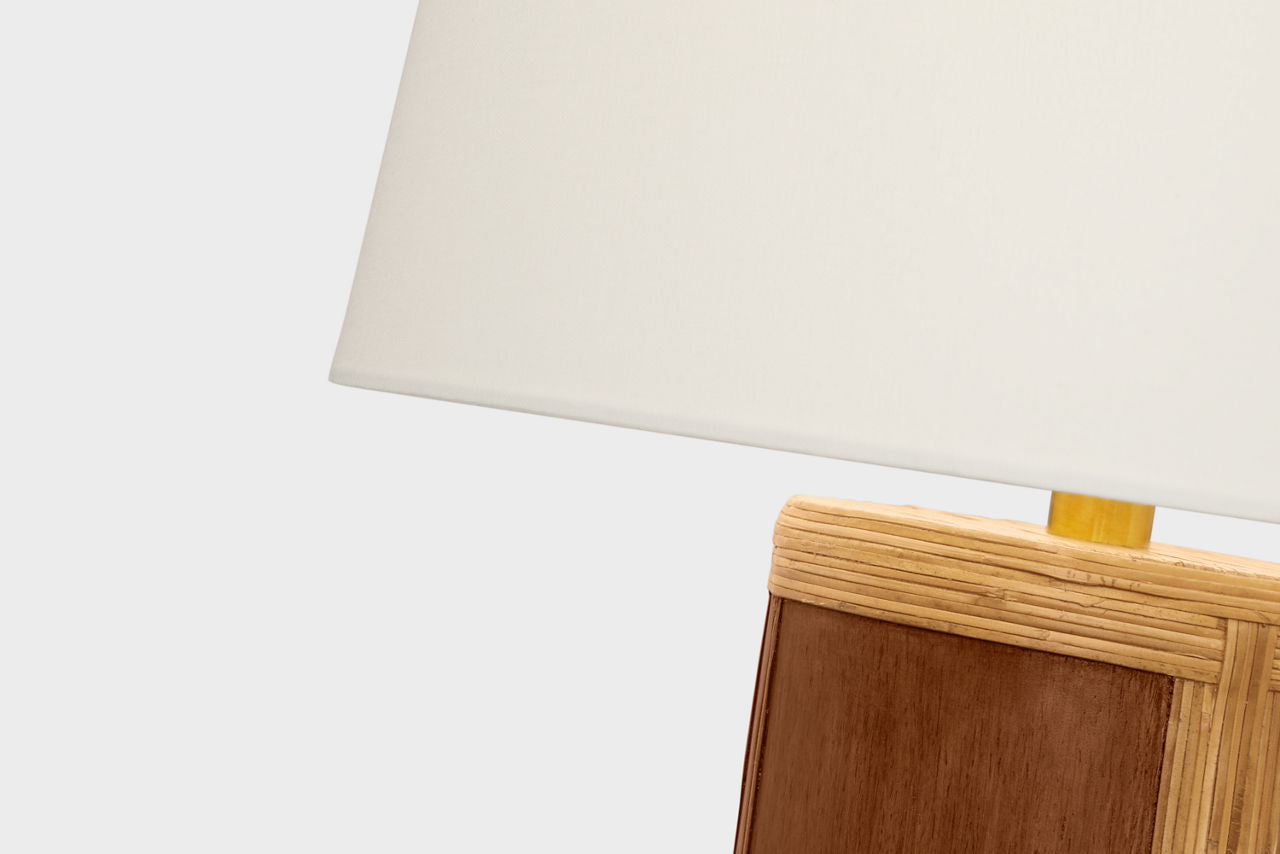Lignum Medium Table Lamp | Dark Oak and Dark Rattan | Linen Shade